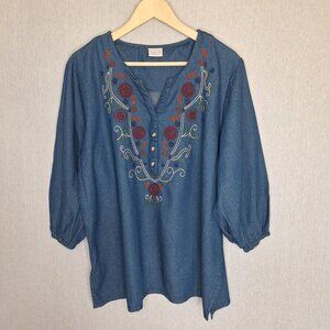 💙 Canyon Sky Embroidered 100% Cotton Blouse Top Size XL/2X Western Country Sout